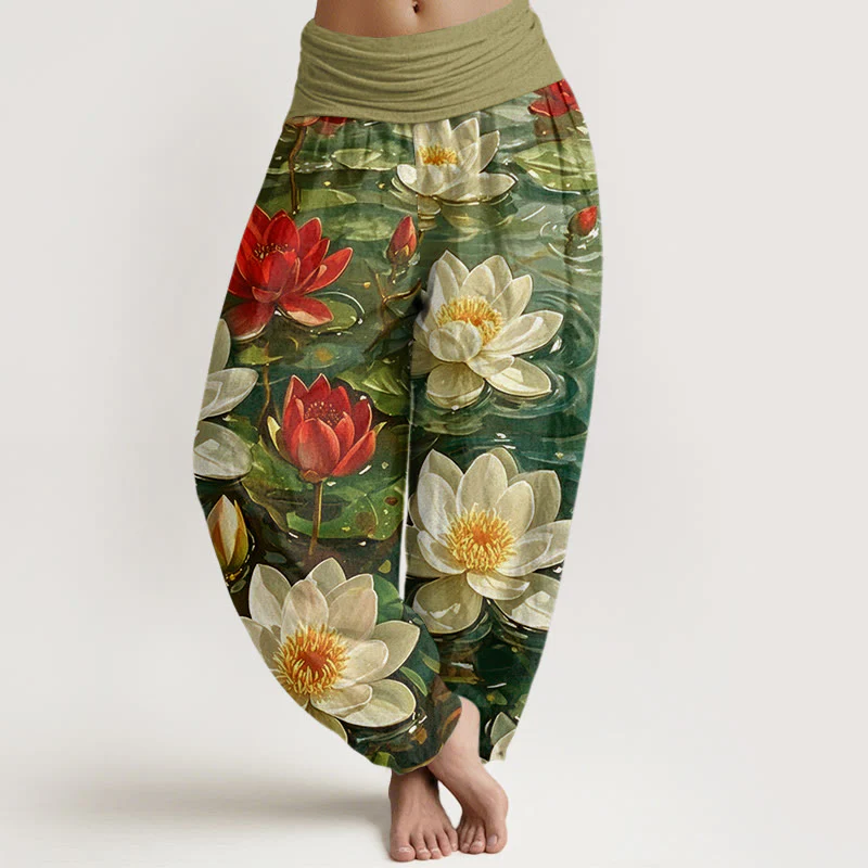 Pantaloni harem da donna con elastico in vita, in cotone, casual, con motivo a fiori di loto rosso in fiore, motivo Buddha Stones - Image 8