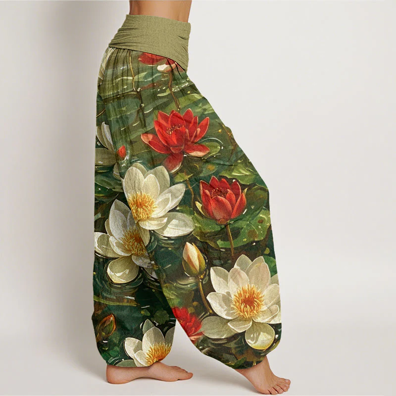 Pantaloni harem da donna con elastico in vita, in cotone, casual, con motivo a fiori di loto rosso in fiore, motivo Buddha Stones - Image 9