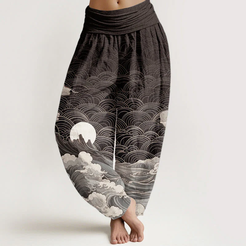 Pantaloni harem da donna con elastico in vita, modello casual in puro cotone con motivo a onde, luna e montagna, motivo Buddha Stones