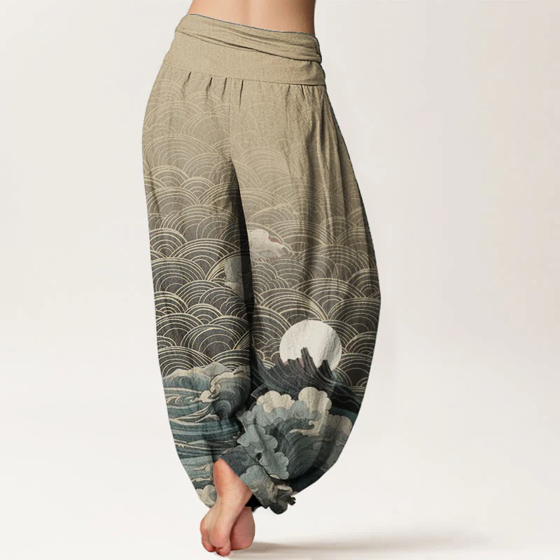 Pantaloni harem da donna con elastico in vita, modello casual in puro cotone con motivo a onde, luna e montagna, motivo Buddha Stones - Image 10