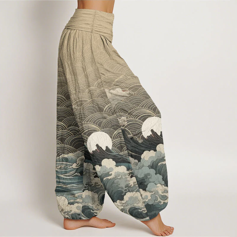 Pantaloni harem da donna con elastico in vita, modello casual in puro cotone con motivo a onde, luna e montagna, motivo Buddha Stones - Image 11