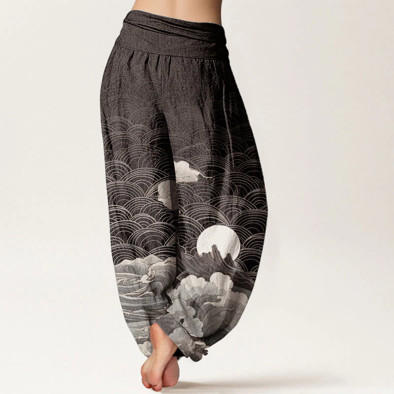 Pantaloni harem da donna con elastico in vita, modello casual in puro cotone con motivo a onde, luna e montagna, motivo Buddha Stones - Image 2