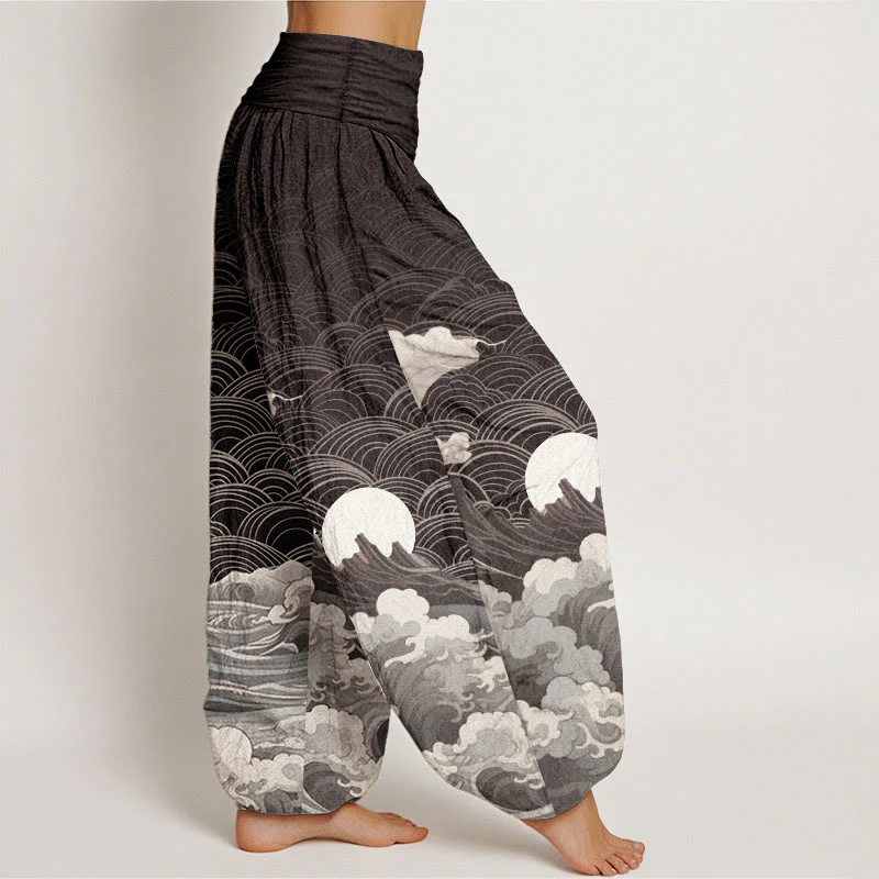 Pantaloni harem da donna con elastico in vita, modello casual in puro cotone con motivo a onde, luna e montagna, motivo Buddha Stones - Image 3