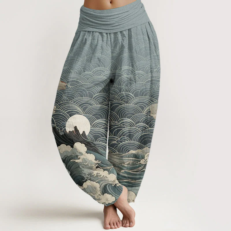 Pantaloni harem da donna con elastico in vita, modello casual in puro cotone con motivo a onde, luna e montagna, motivo Buddha Stones - Image 6