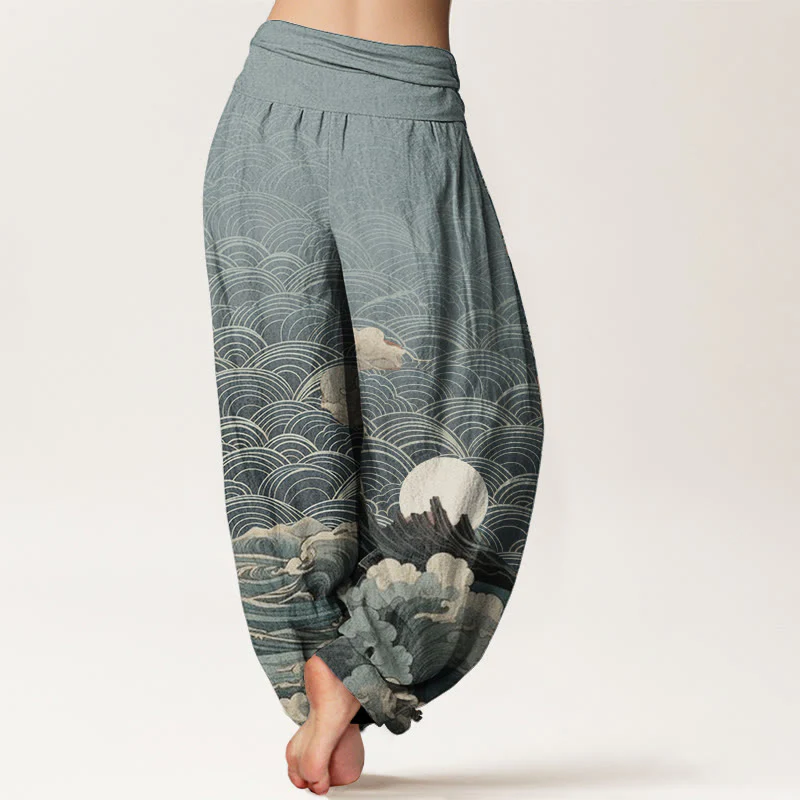 Pantaloni harem da donna con elastico in vita, modello casual in puro cotone con motivo a onde, luna e montagna, motivo Buddha Stones - Image 7