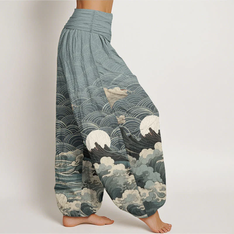 Pantaloni harem da donna con elastico in vita, modello casual in puro cotone con motivo a onde, luna e montagna, motivo Buddha Stones - Image 8