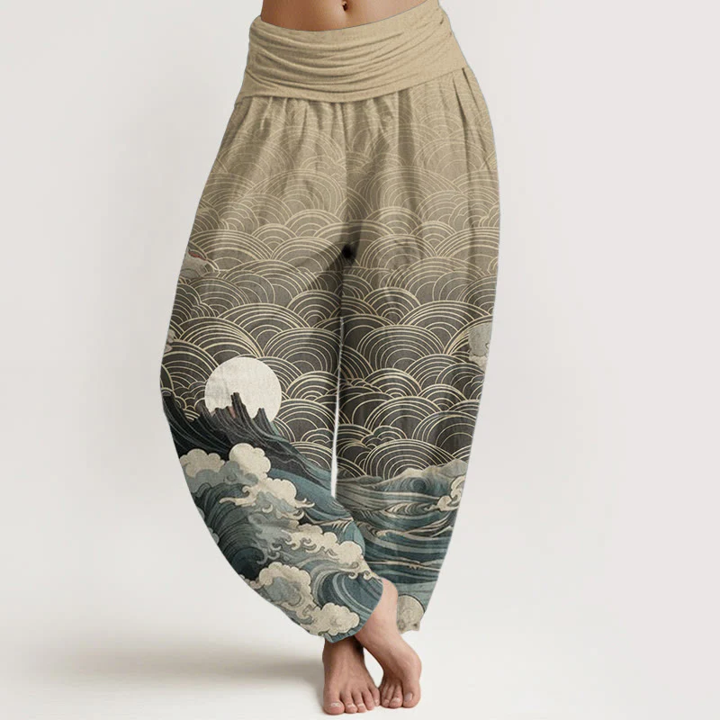 Pantaloni harem da donna con elastico in vita, modello casual in puro cotone con motivo a onde, luna e montagna, motivo Buddha Stones - Image 9