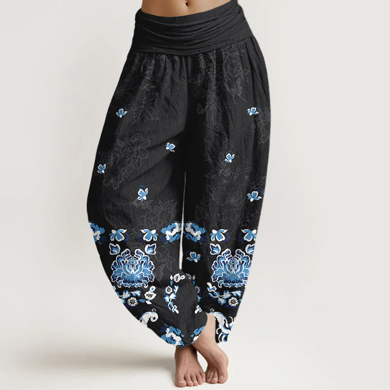 Pantaloni harem da donna con elastico in vita, modello classico a fiori e farfalle, in puro cotone, eleganti Buddha Stones