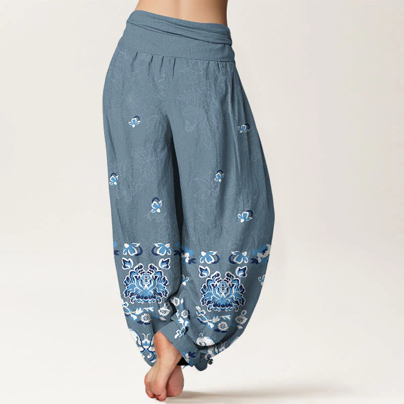 Pantaloni harem da donna con elastico in vita, modello classico a fiori e farfalle, in puro cotone, eleganti Buddha Stones - Image 10
