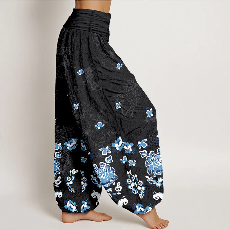 Pantaloni harem da donna con elastico in vita, modello classico a fiori e farfalle, in puro cotone, eleganti Buddha Stones - Image 3