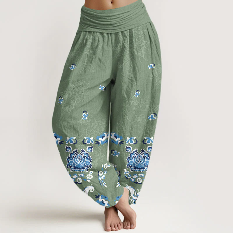Pantaloni harem da donna con elastico in vita, modello classico a fiori e farfalle, in puro cotone, eleganti Buddha Stones - Image 6