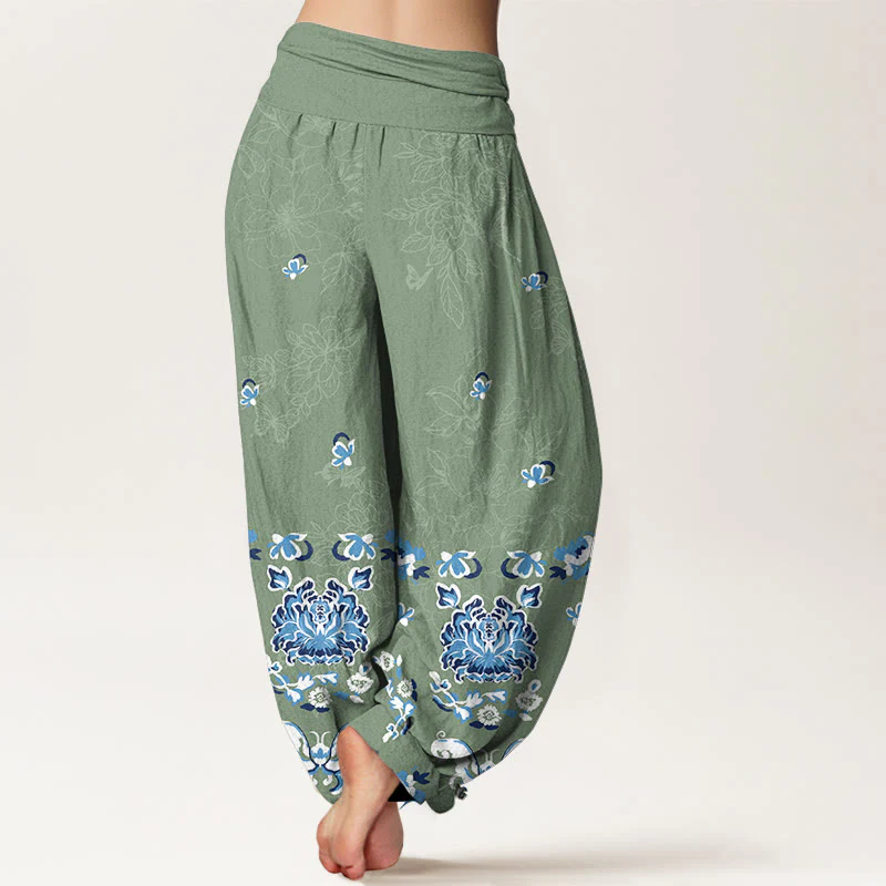 Pantaloni harem da donna con elastico in vita, modello classico a fiori e farfalle, in puro cotone, eleganti Buddha Stones - Image 7
