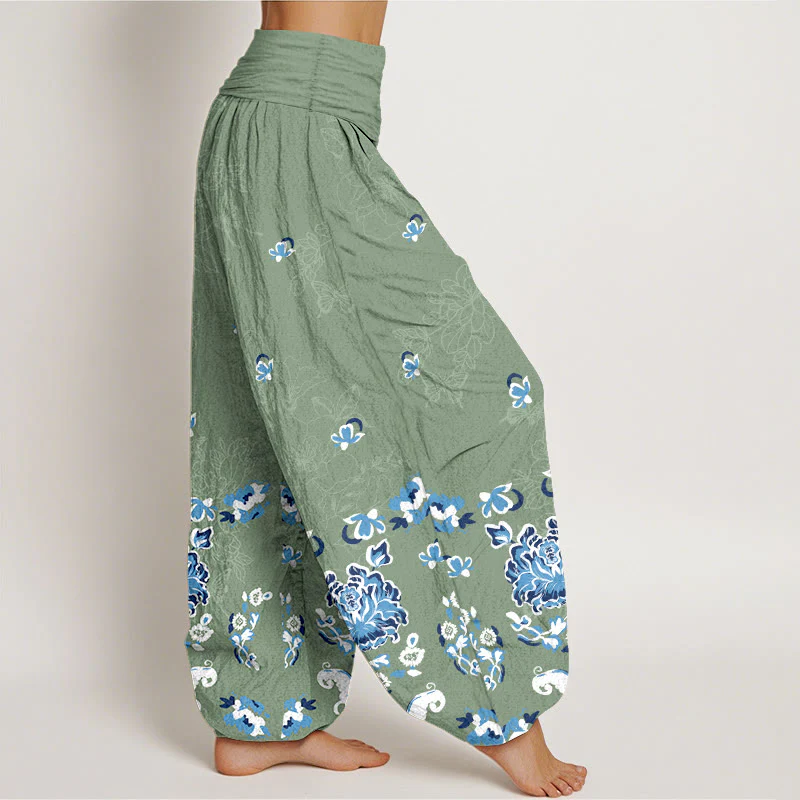 Pantaloni harem da donna con elastico in vita, modello classico a fiori e farfalle, in puro cotone, eleganti Buddha Stones - Image 8