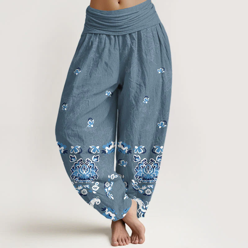 Pantaloni harem da donna con elastico in vita, modello classico a fiori e farfalle, in puro cotone, eleganti Buddha Stones - Image 9