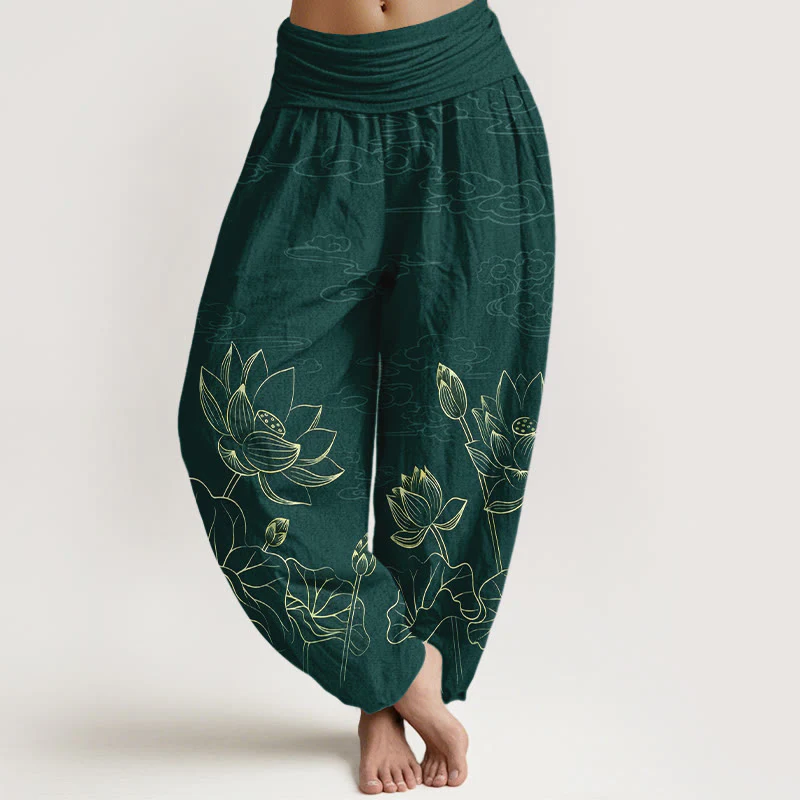 Pantaloni harem da donna con elastico in vita, modello conciso di fiori di loto, foglie, baccelli, boccioli e nuvole, in puro cotone, motivo Buddha Stones