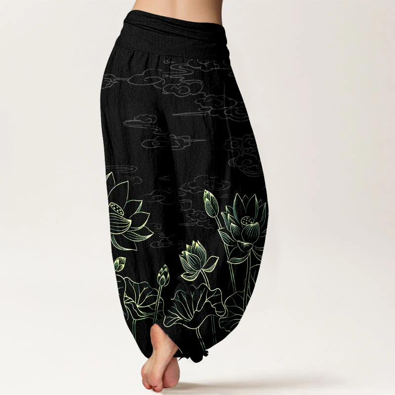 Pantaloni harem da donna con elastico in vita, modello conciso di fiori di loto, foglie, baccelli, boccioli e nuvole, in puro cotone, motivo Buddha Stones - Image 10