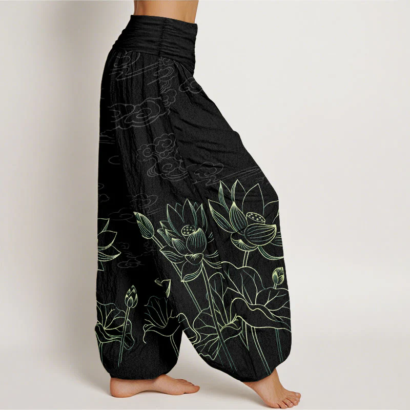 Pantaloni harem da donna con elastico in vita, modello conciso di fiori di loto, foglie, baccelli, boccioli e nuvole, in puro cotone, motivo Buddha Stones - Image 11