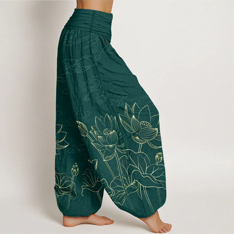 Pantaloni harem da donna con elastico in vita, modello conciso di fiori di loto, foglie, baccelli, boccioli e nuvole, in puro cotone, motivo Buddha Stones - Image 3