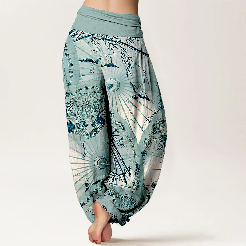 Pantaloni harem da donna con elastico in vita, modello gru e bambù, in puro cotone, motivo Buddha Stones - Image 10