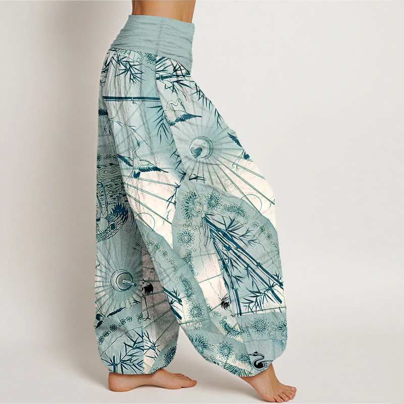 Pantaloni harem da donna con elastico in vita, modello gru e bambù, in puro cotone, motivo Buddha Stones - Image 11