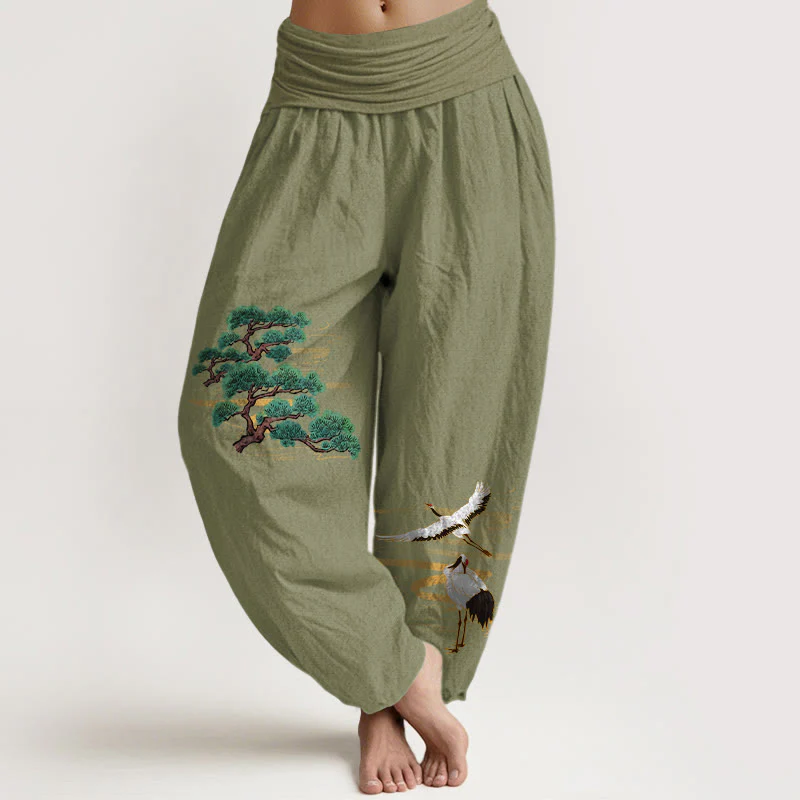 Pantaloni harem da donna con elastico in vita, modello gru e motivo pino, in puro cotone, eleganti colori Buddha Stones - Image 15