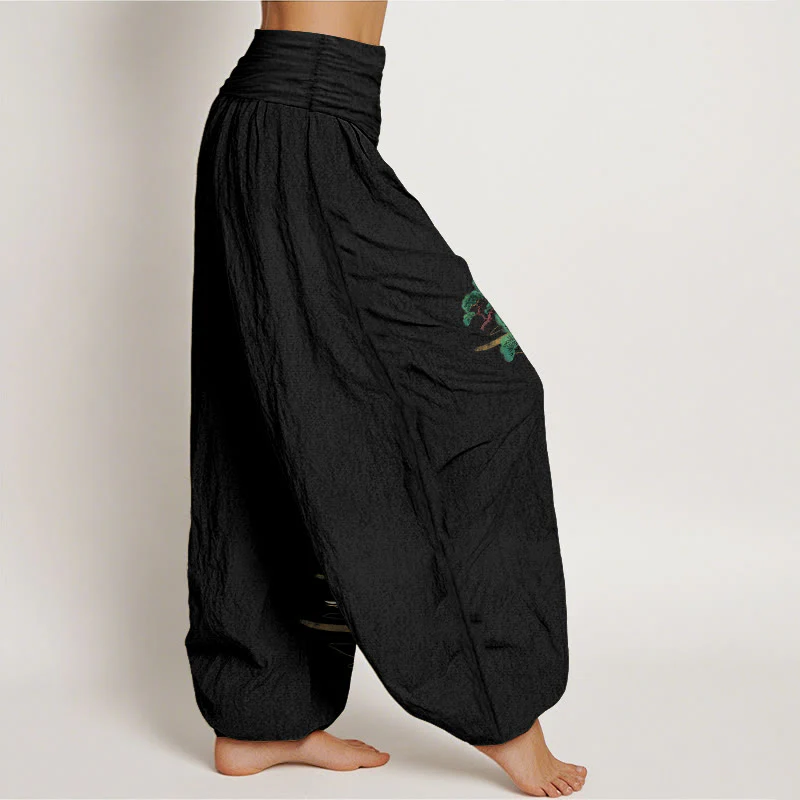 Pantaloni harem da donna con elastico in vita, modello gru e motivo pino, in puro cotone, eleganti colori Buddha Stones - Image 8