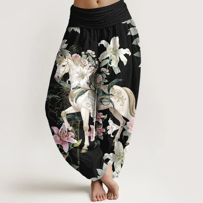 Pantaloni harem da donna con elastico in vita, modello romantico con cavallo, giglio e peonia, in puro cotone, motivo Buddha Stones