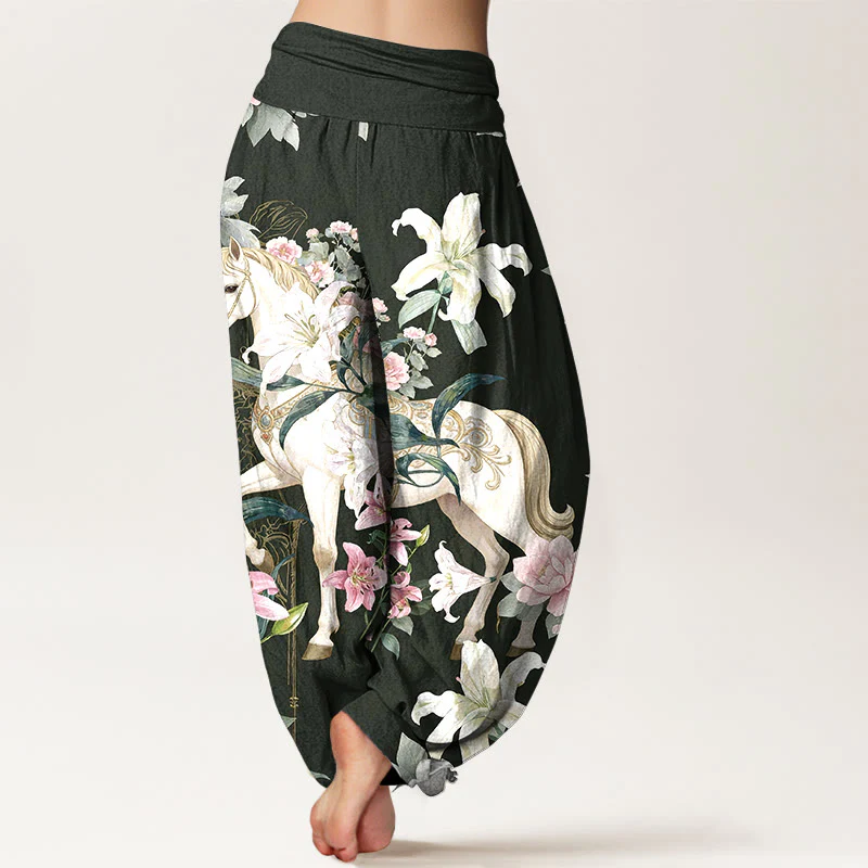 Pantaloni harem da donna con elastico in vita, modello romantico con cavallo, giglio e peonia, in puro cotone, motivo Buddha Stones - Image 10