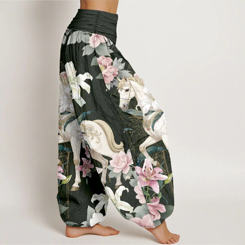 Pantaloni harem da donna con elastico in vita, modello romantico con cavallo, giglio e peonia, in puro cotone, motivo Buddha Stones - Image 11