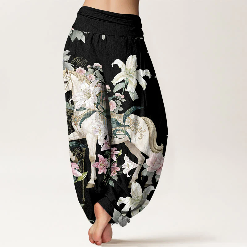 Pantaloni harem da donna con elastico in vita, modello romantico con cavallo, giglio e peonia, in puro cotone, motivo Buddha Stones - Image 2