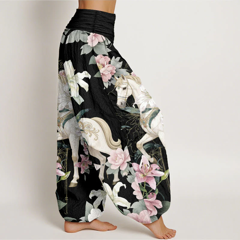 Pantaloni harem da donna con elastico in vita, modello romantico con cavallo, giglio e peonia, in puro cotone, motivo Buddha Stones - Image 3