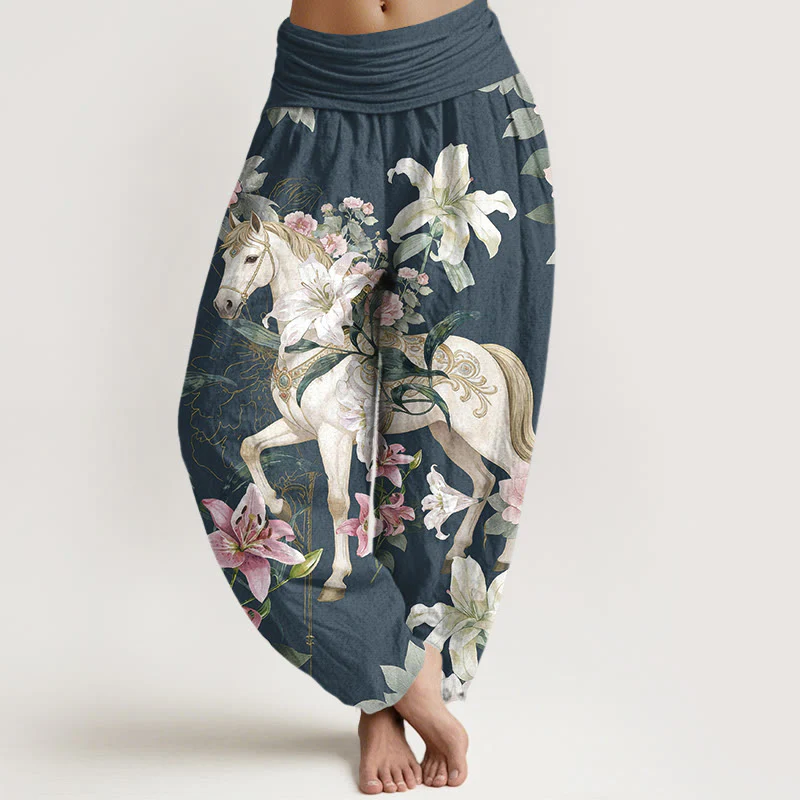 Pantaloni harem da donna con elastico in vita, modello romantico con cavallo, giglio e peonia, in puro cotone, motivo Buddha Stones - Image 6