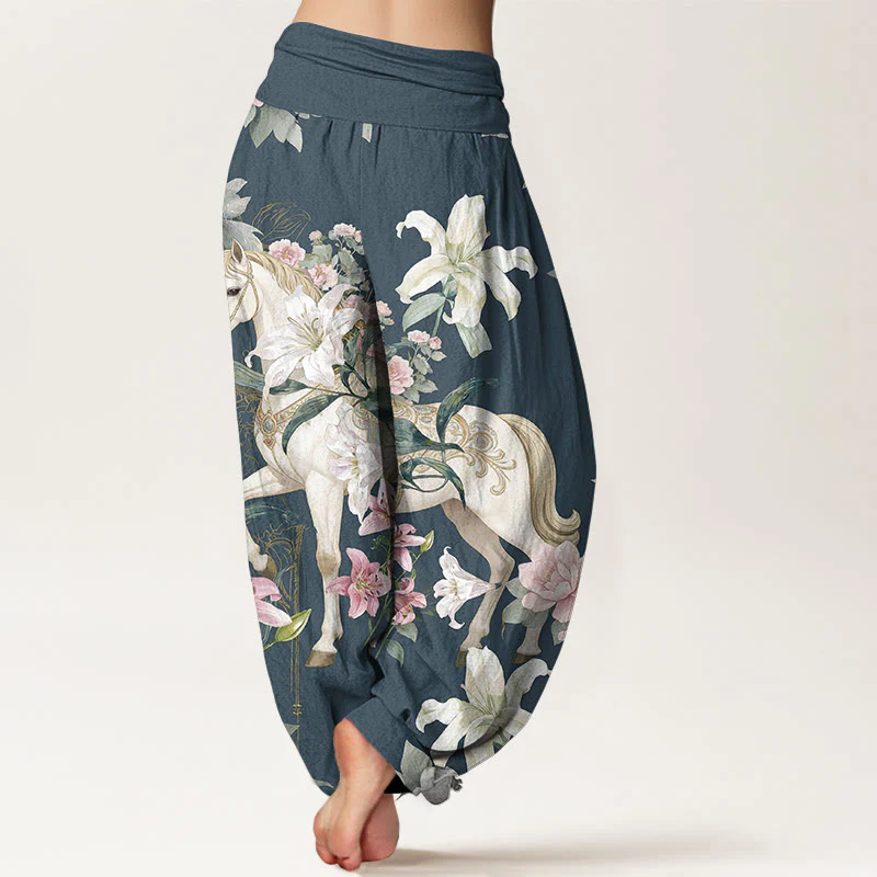 Pantaloni harem da donna con elastico in vita, modello romantico con cavallo, giglio e peonia, in puro cotone, motivo Buddha Stones - Image 7