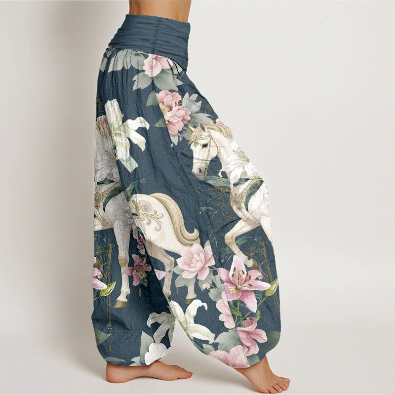 Pantaloni harem da donna con elastico in vita, modello romantico con cavallo, giglio e peonia, in puro cotone, motivo Buddha Stones - Image 8