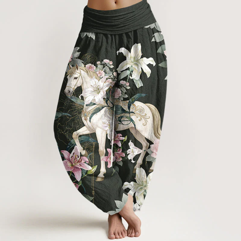 Pantaloni harem da donna con elastico in vita, modello romantico con cavallo, giglio e peonia, in puro cotone, motivo Buddha Stones - Image 9