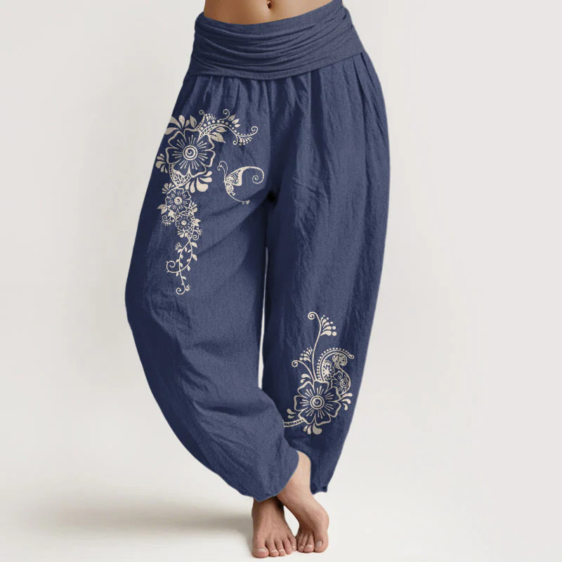 Pantaloni harem da donna con elastico in vita, modello semplice ed elegante a forma di fiore e farfalla, in puro cotone , Buddha Stones