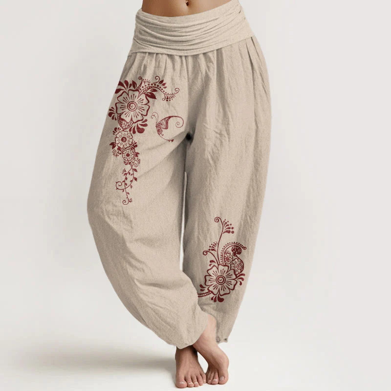 Pantaloni harem da donna con elastico in vita, modello semplice ed elegante a forma di fiore e farfalla, in puro cotone , Buddha Stones - Image 12