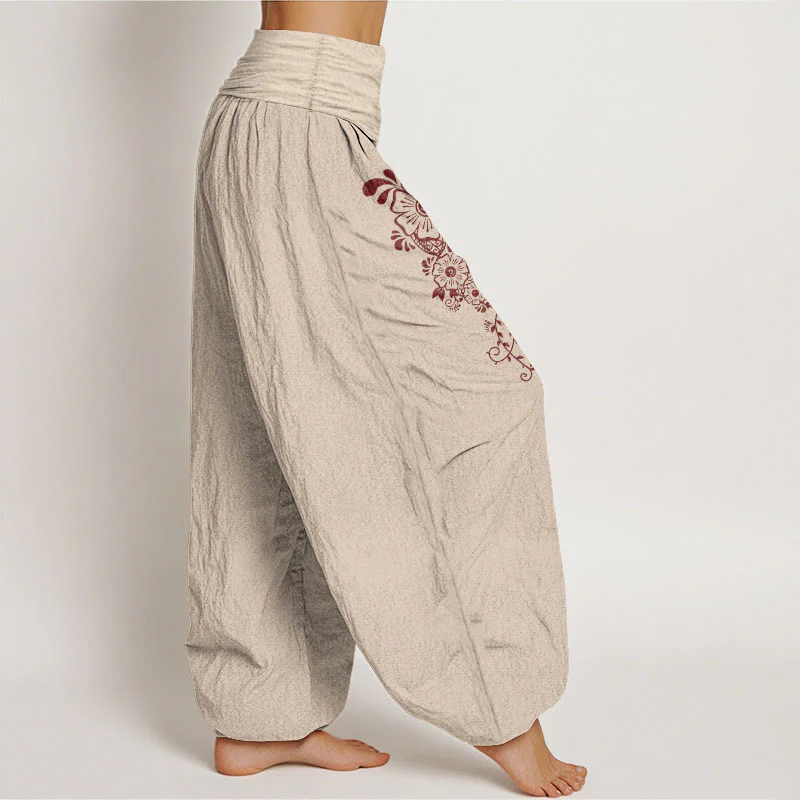 Pantaloni harem da donna con elastico in vita, modello semplice ed elegante a forma di fiore e farfalla, in puro cotone , Buddha Stones - Image 14