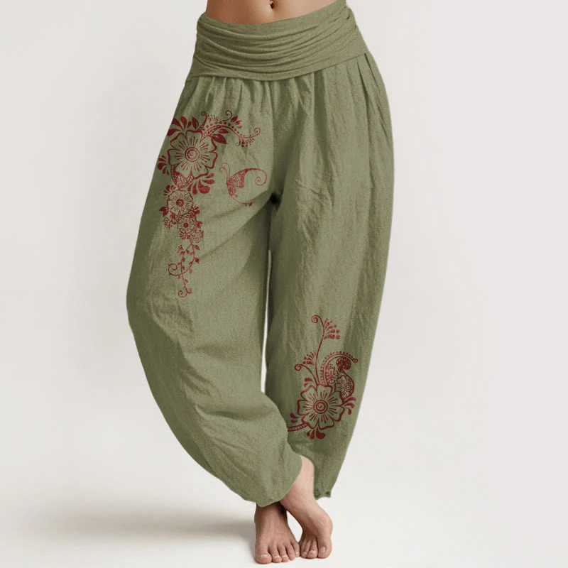 Pantaloni harem da donna con elastico in vita, modello semplice ed elegante a forma di fiore e farfalla, in puro cotone , Buddha Stones - Image 15