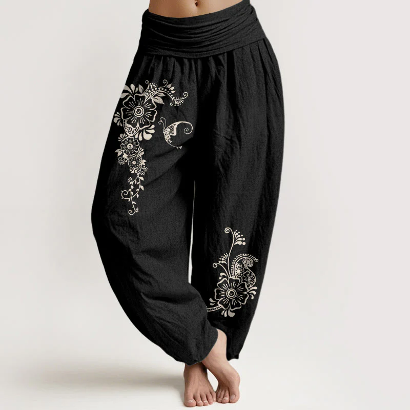 Pantaloni harem da donna con elastico in vita, modello semplice ed elegante a forma di fiore e farfalla, in puro cotone , Buddha Stones - Image 6