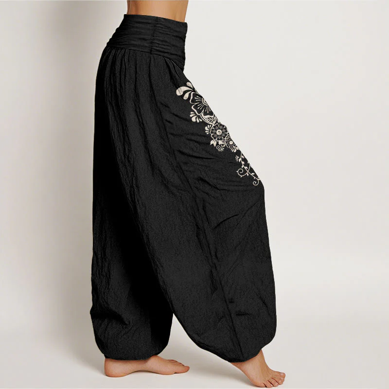Pantaloni harem da donna con elastico in vita, modello semplice ed elegante a forma di fiore e farfalla, in puro cotone , Buddha Stones - Image 8
