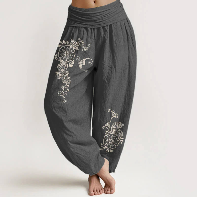 Pantaloni harem da donna con elastico in vita, modello semplice ed elegante a forma di fiore e farfalla, in puro cotone , Buddha Stones - Image 9