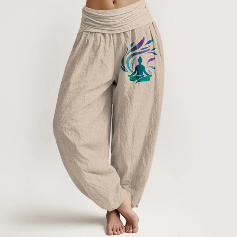 Pantaloni harem da donna con elastico in vita, motivo a figura umana, in puro cotone, Buddha Stones