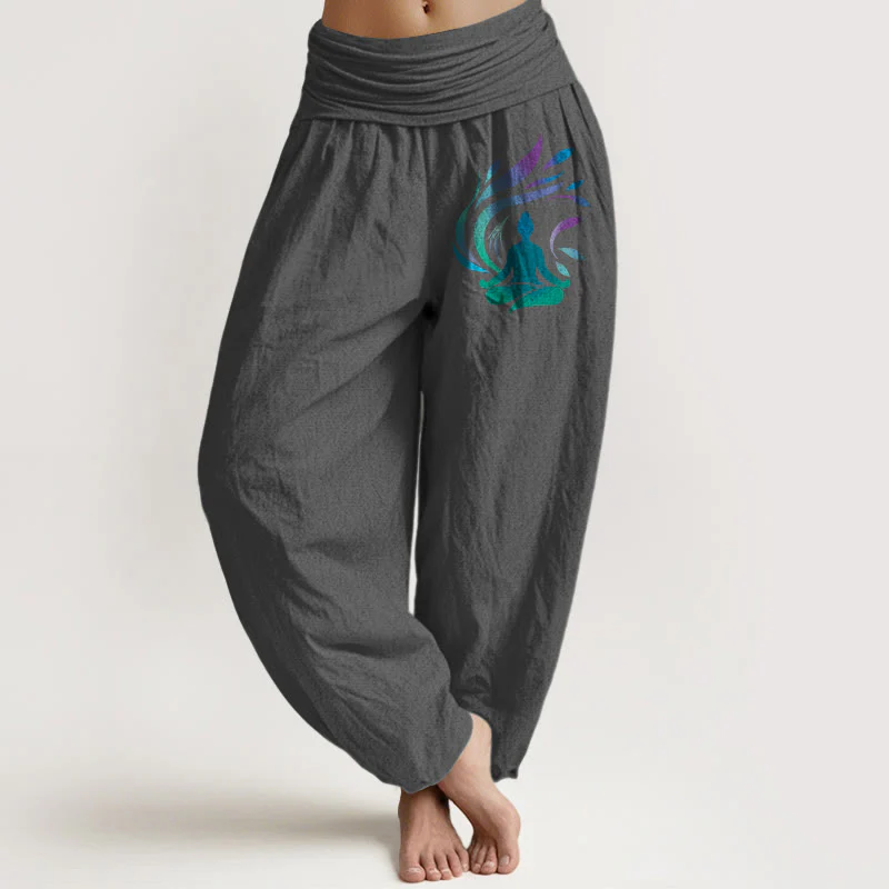 Pantaloni harem da donna con elastico in vita, motivo a figura umana, in puro cotone, Buddha Stones - Image 12