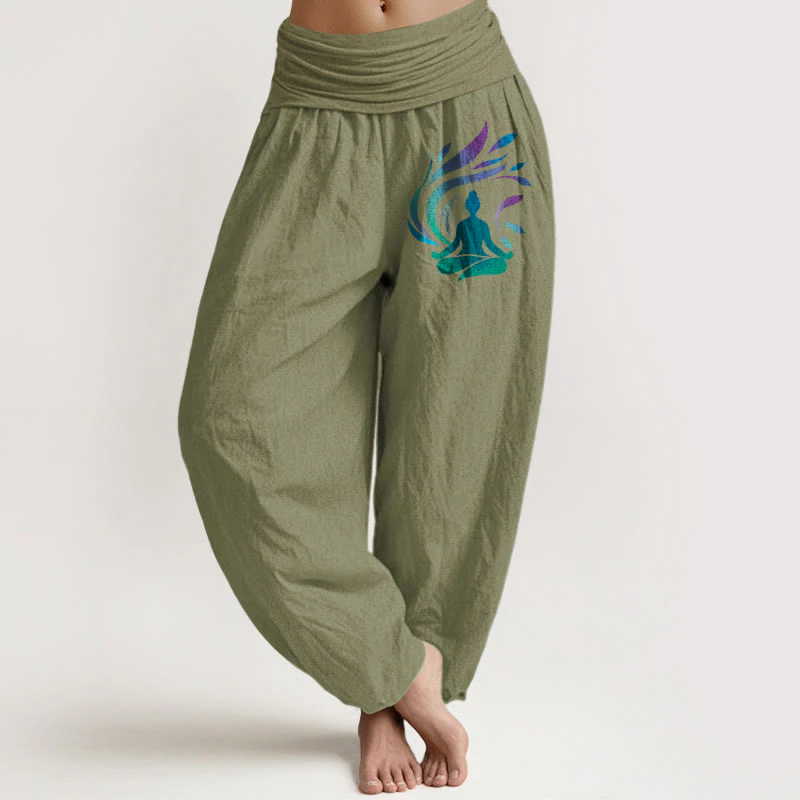 Pantaloni harem da donna con elastico in vita, motivo a figura umana, in puro cotone, Buddha Stones - Image 15