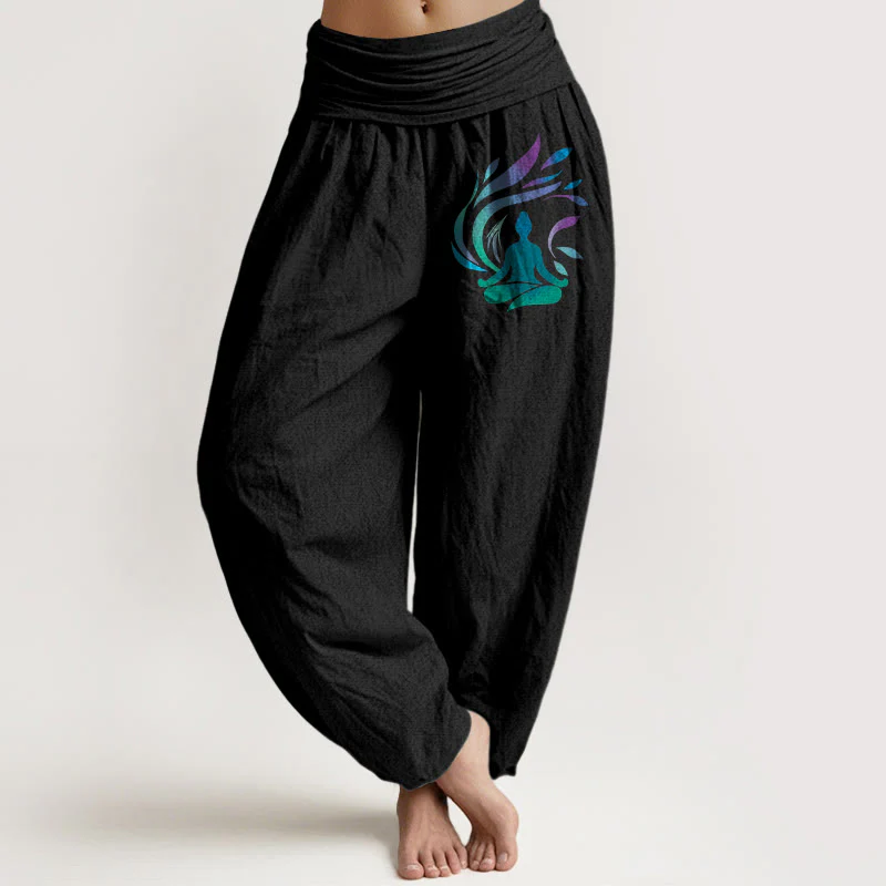 Pantaloni harem da donna con elastico in vita, motivo a figura umana, in puro cotone, Buddha Stones - Image 6