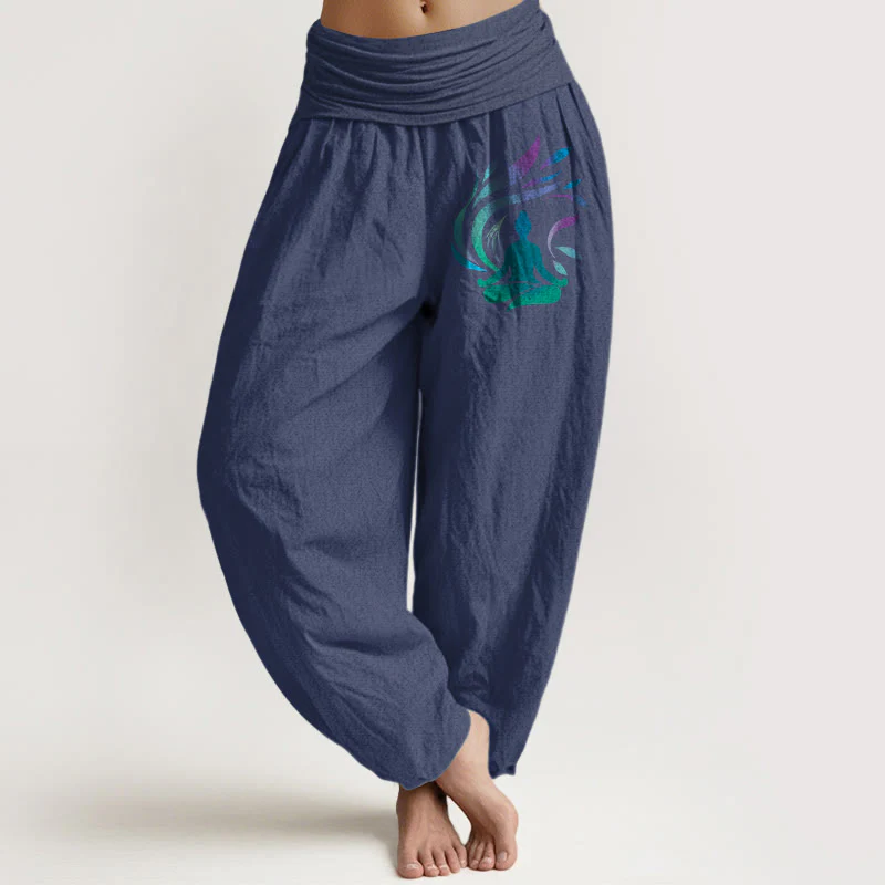 Pantaloni harem da donna con elastico in vita, motivo a figura umana, in puro cotone, Buddha Stones - Image 9