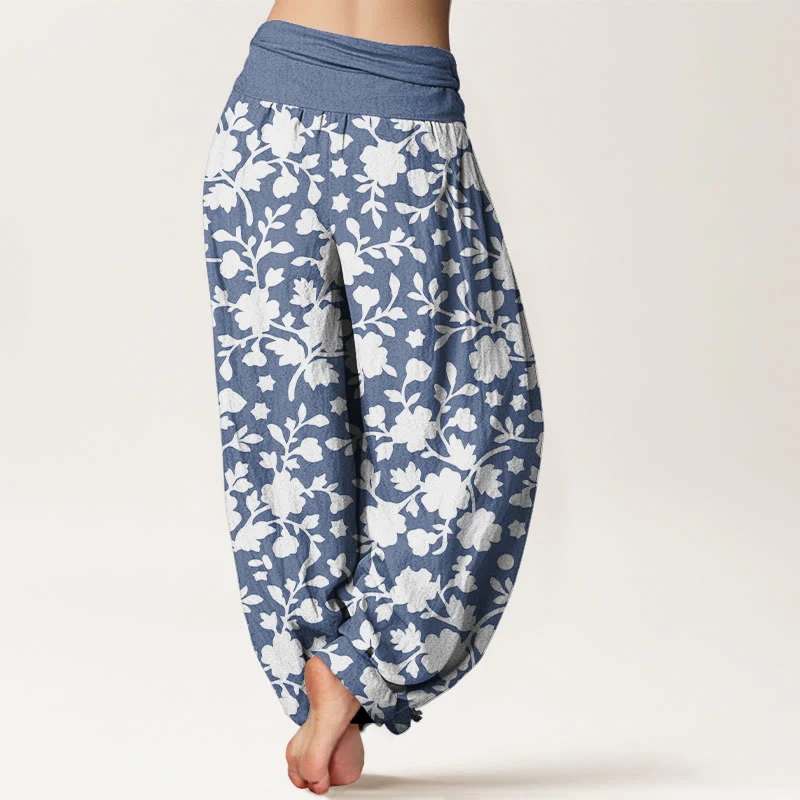 Pantaloni harem da donna con elastico in vita, motivo a fiori bianchi, foglie e stelle, in puro cotone, motivo Buddha Stones - Image 2