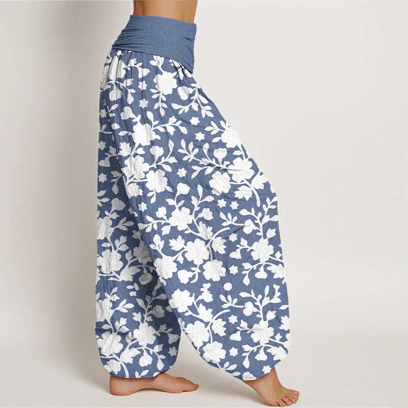 Pantaloni harem da donna con elastico in vita, motivo a fiori bianchi, foglie e stelle, in puro cotone, motivo Buddha Stones - Image 3