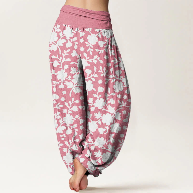 Pantaloni harem da donna con elastico in vita, motivo a fiori bianchi, foglie e stelle, in puro cotone, motivo Buddha Stones - Image 7